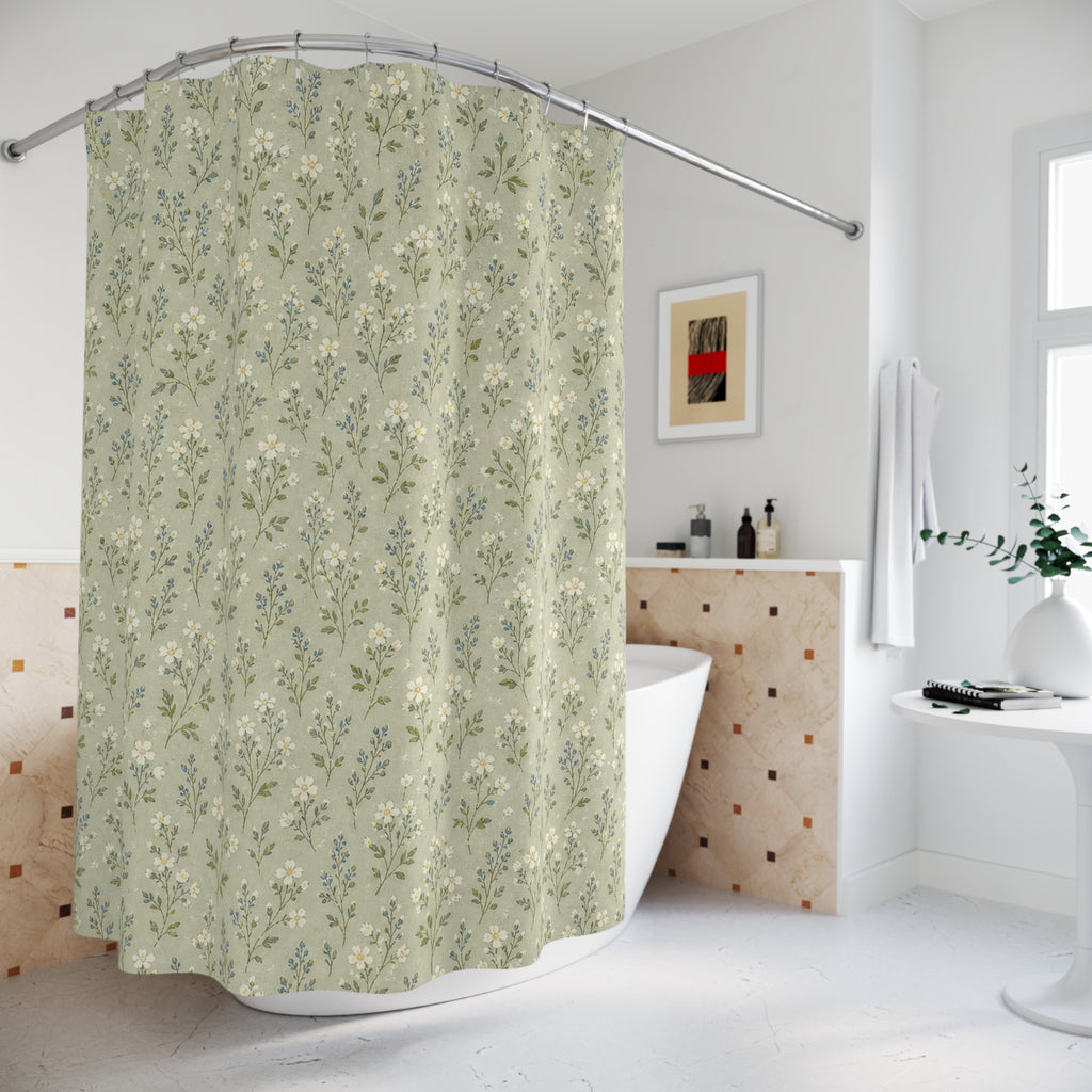 Sage Meadow Ditsy Shower Curtain, Sage Green Nature Bathroom Decor, Tiny Botanical Bath Curtain, Guest Bathroom Decor, Small Bathroom Decor