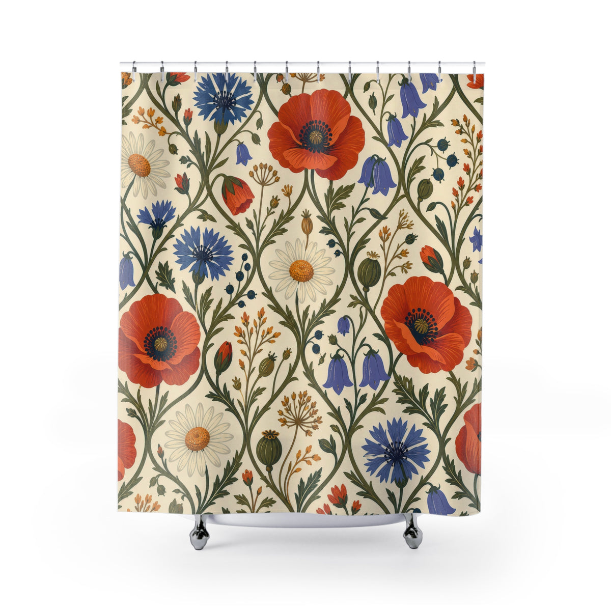 Folk wild flower pattern with poppies cornflowers and daisies shower curtain with full front view