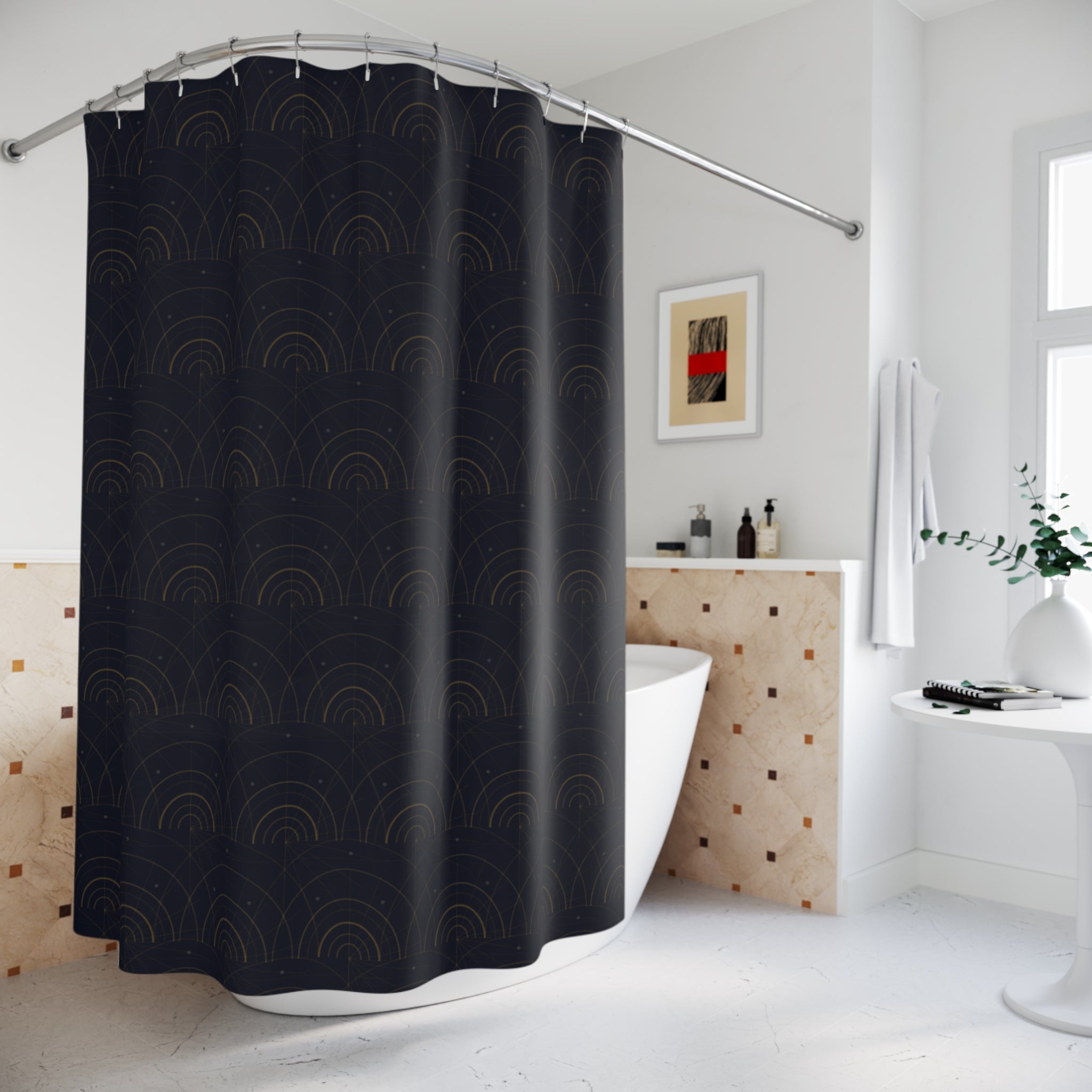 Art Deco Fan Shower Curtain – Gold and Navy, Large Print