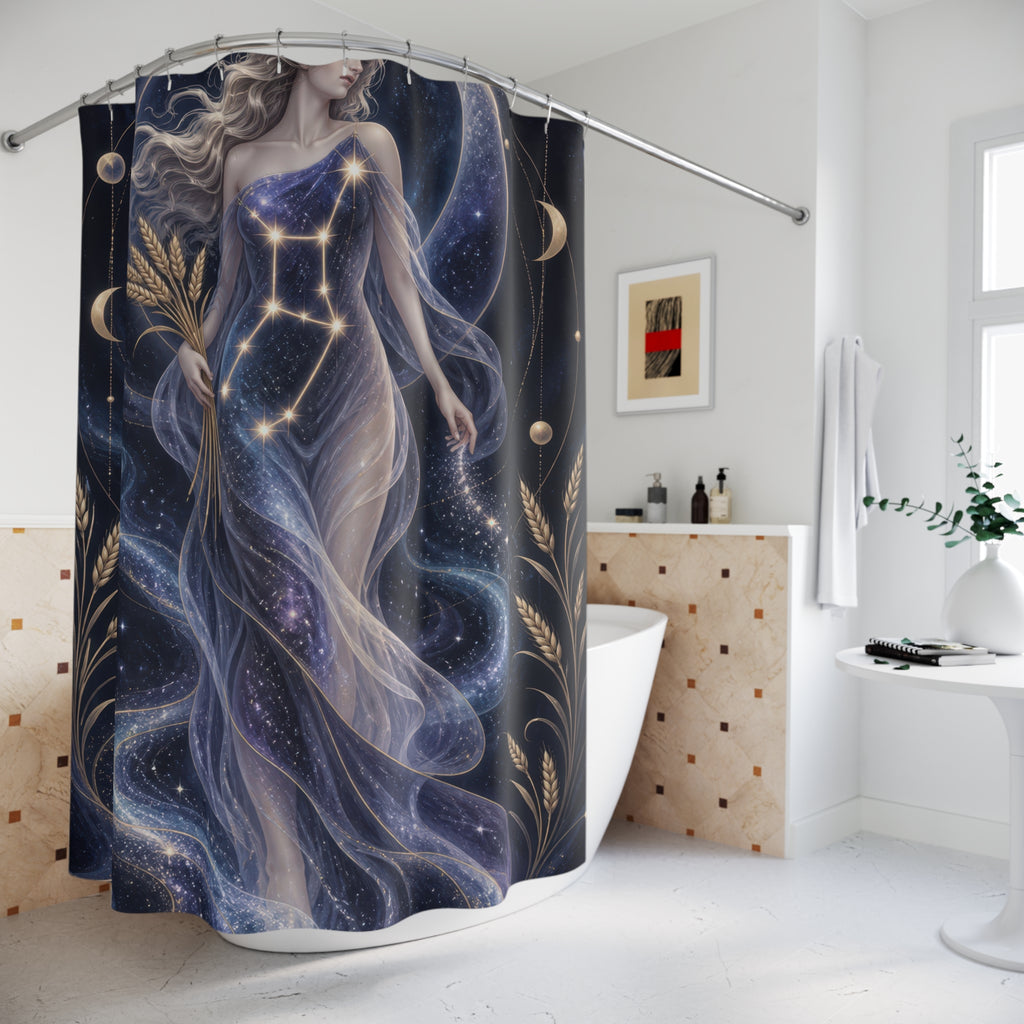 Flowing Virgo maiden in navy and violet stars shower curtain beside a freestanding tub