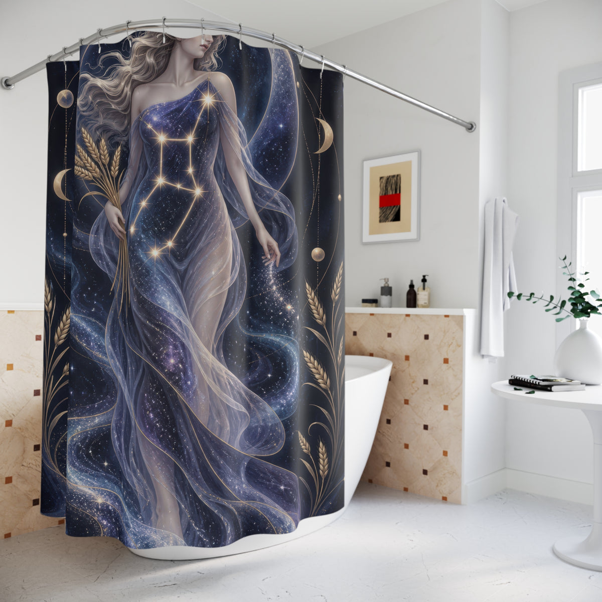 Flowing Virgo maiden in navy and violet stars shower curtain beside a freestanding tub