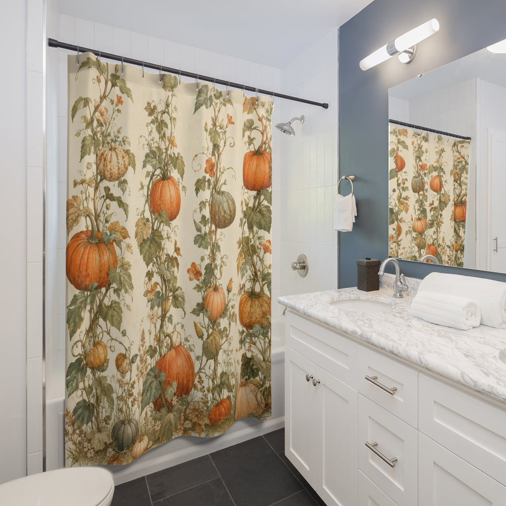 Orange pumpkin vines and meadow flowers shower curtain beside a white vanity