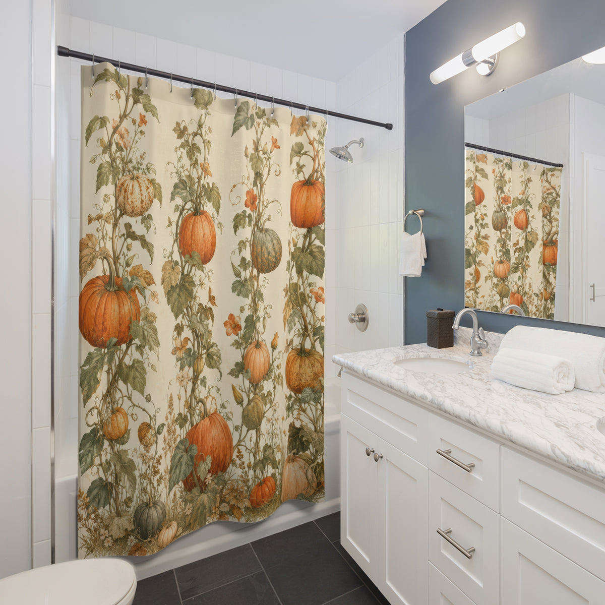 Orange pumpkin vines and meadow flowers shower curtain beside a white vanity