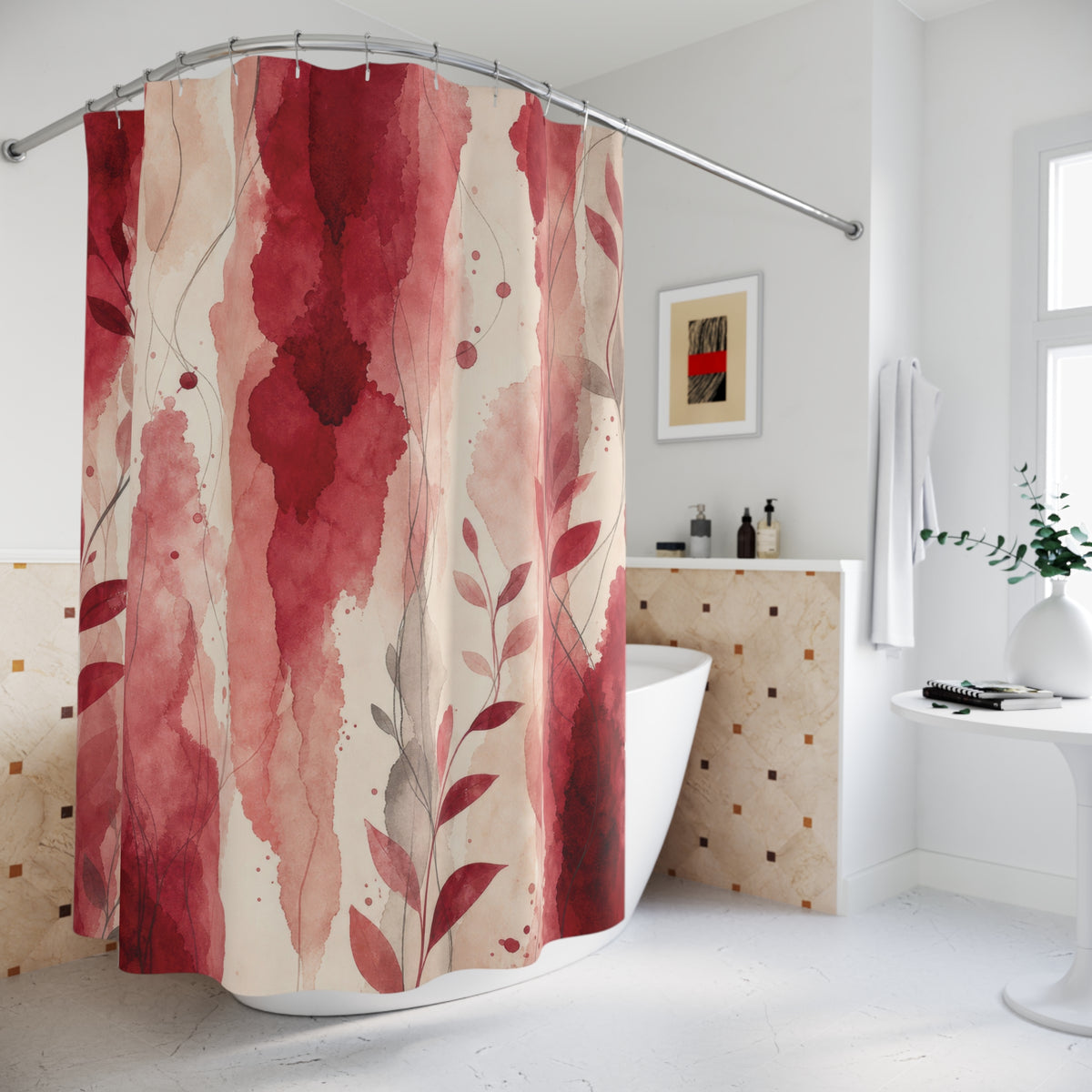 Watercolor Stripe Red Floral Shower Curtain