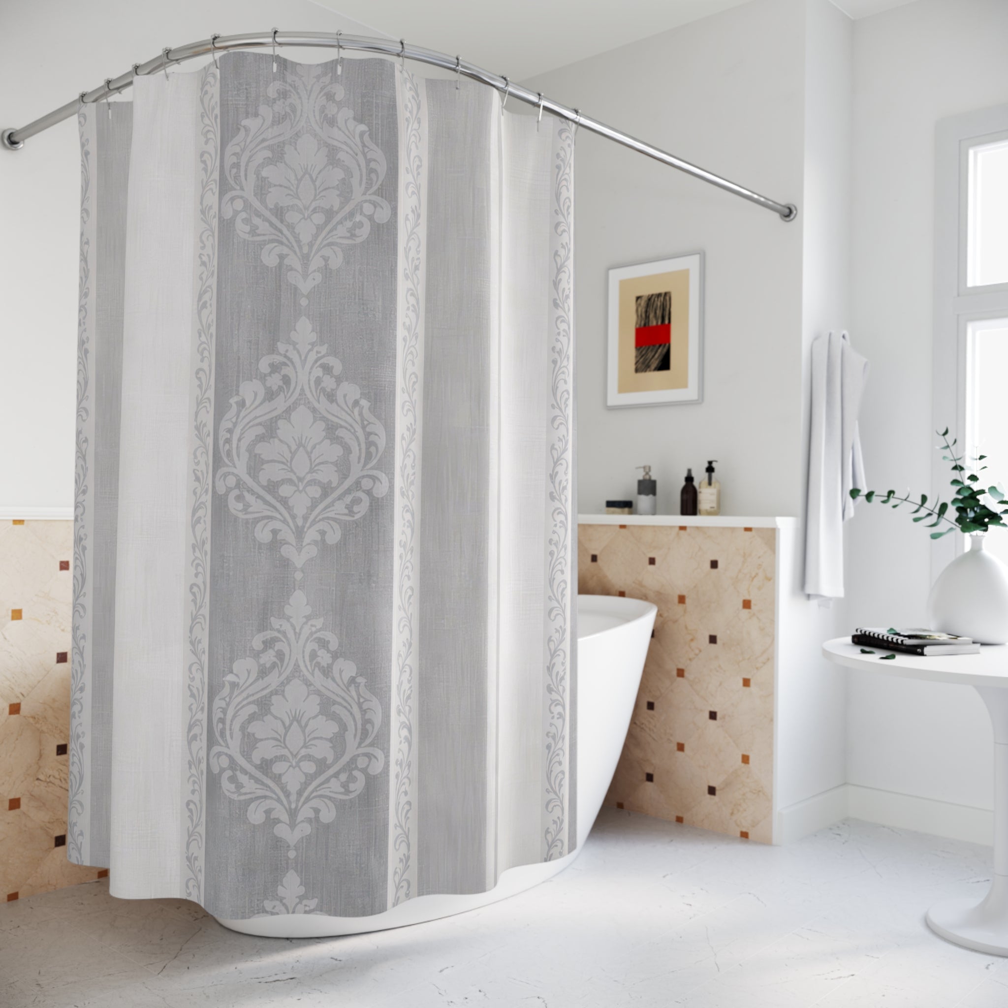 Elegant Damask Shower Curtain – Grey and White