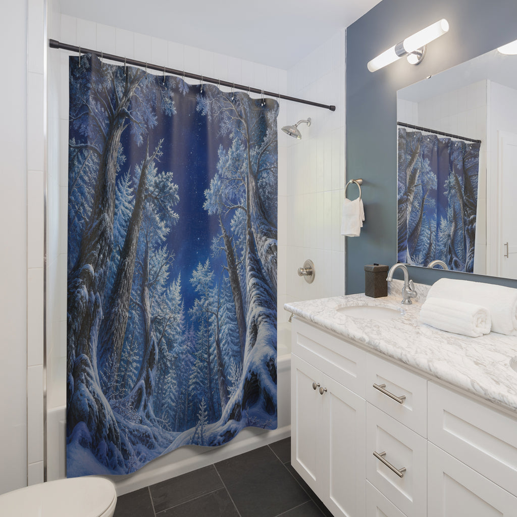 Winter woodland evergreen forest shower curtain beside a white vanity