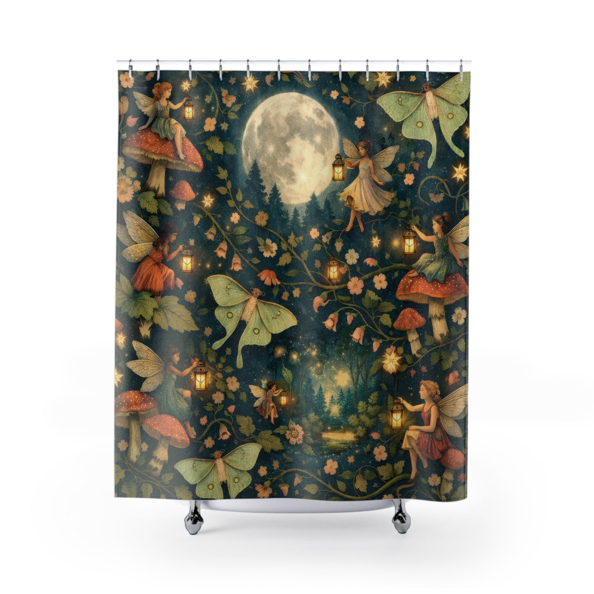 Fairy Shower Curtain – Teal Moonlit Forest