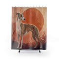 A brindle whippet before a terracotta sun shower curtain with full front view