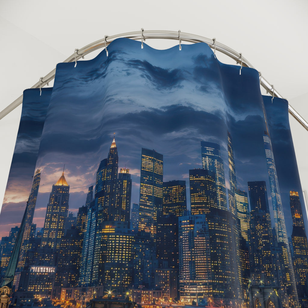 City Skyline Shower Curtain: Navy Blue Night