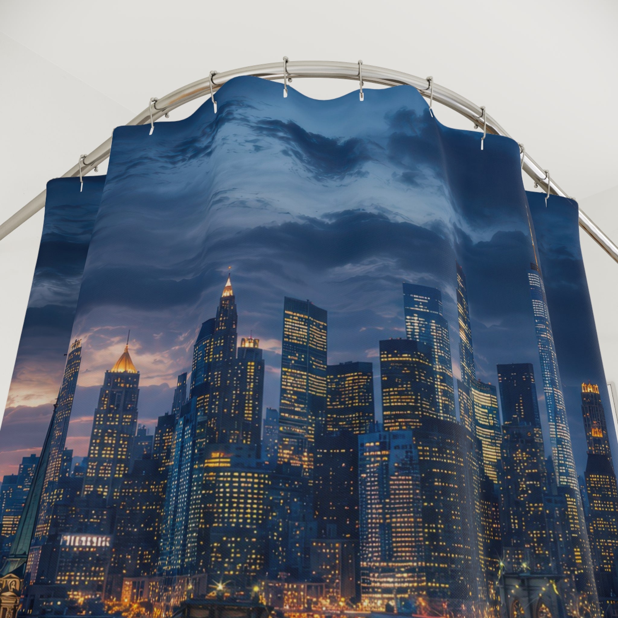 City Skyline Shower Curtain: Navy Blue Night