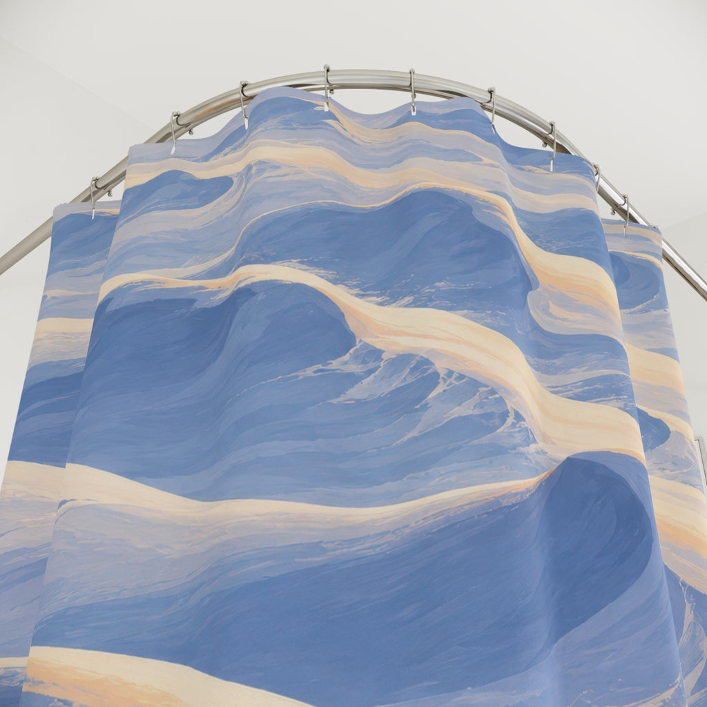 Pale blue sunlit snowdrifts shower curtain with close-up print, hooks, and folds
