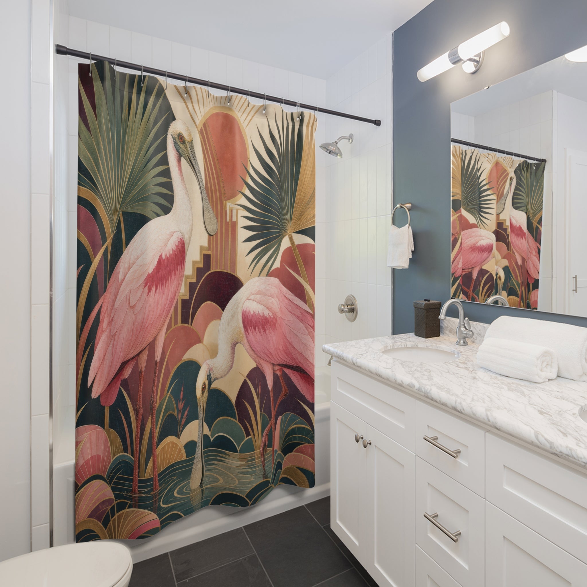 Art Deco Roseate Spoonbill Pair Shower Curtain