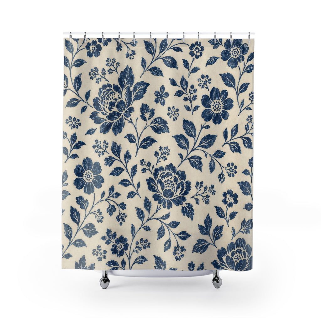 Navy Blue Botanical Flower Shower Curtain