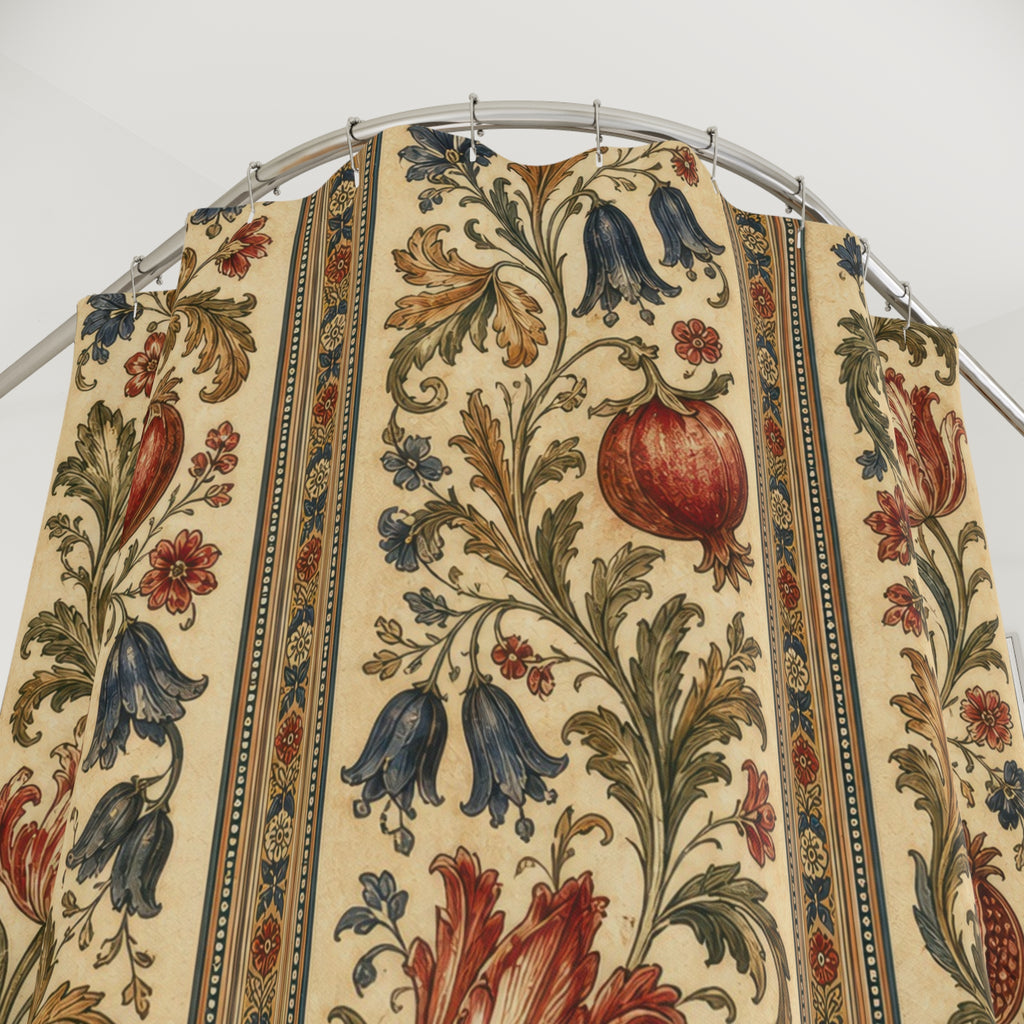 Antique ivory Jacobean floral stripes shower curtain with close-up print, hooks, and folds