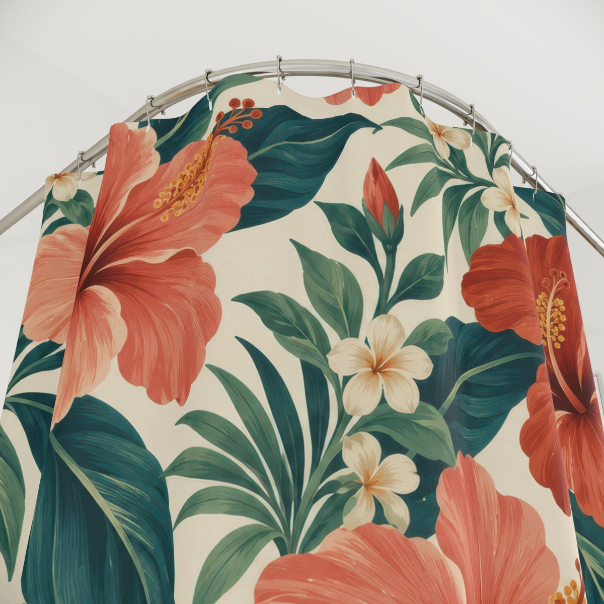 Coral hibiscus with teal leaves on ivory shower curtain with close-up print, hooks, and folds