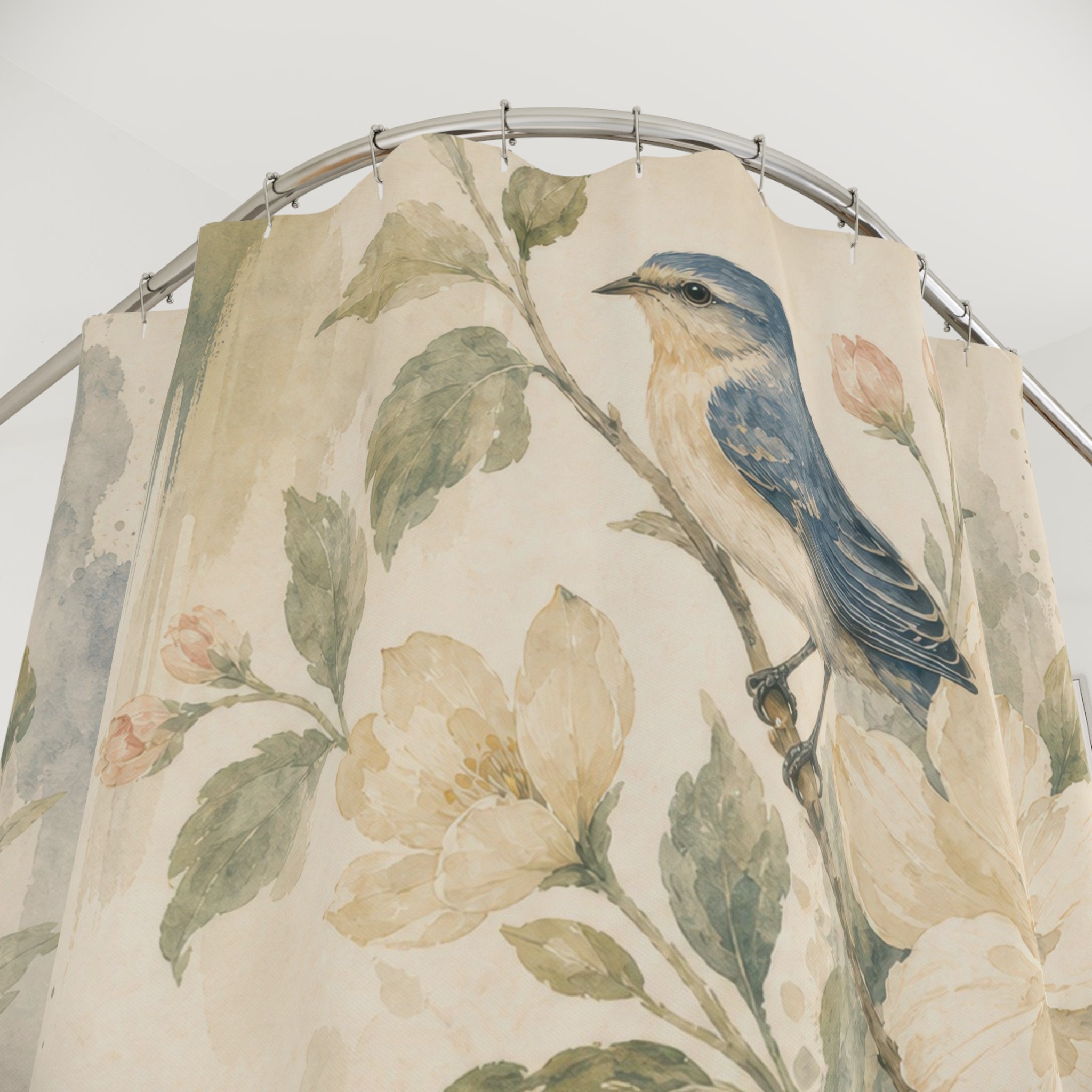 Blue Bird Botanical Watercolor Floral Shower Curtain