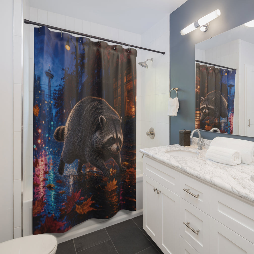 Jimothy Raccoon Rainy Seattle Shower Curtain