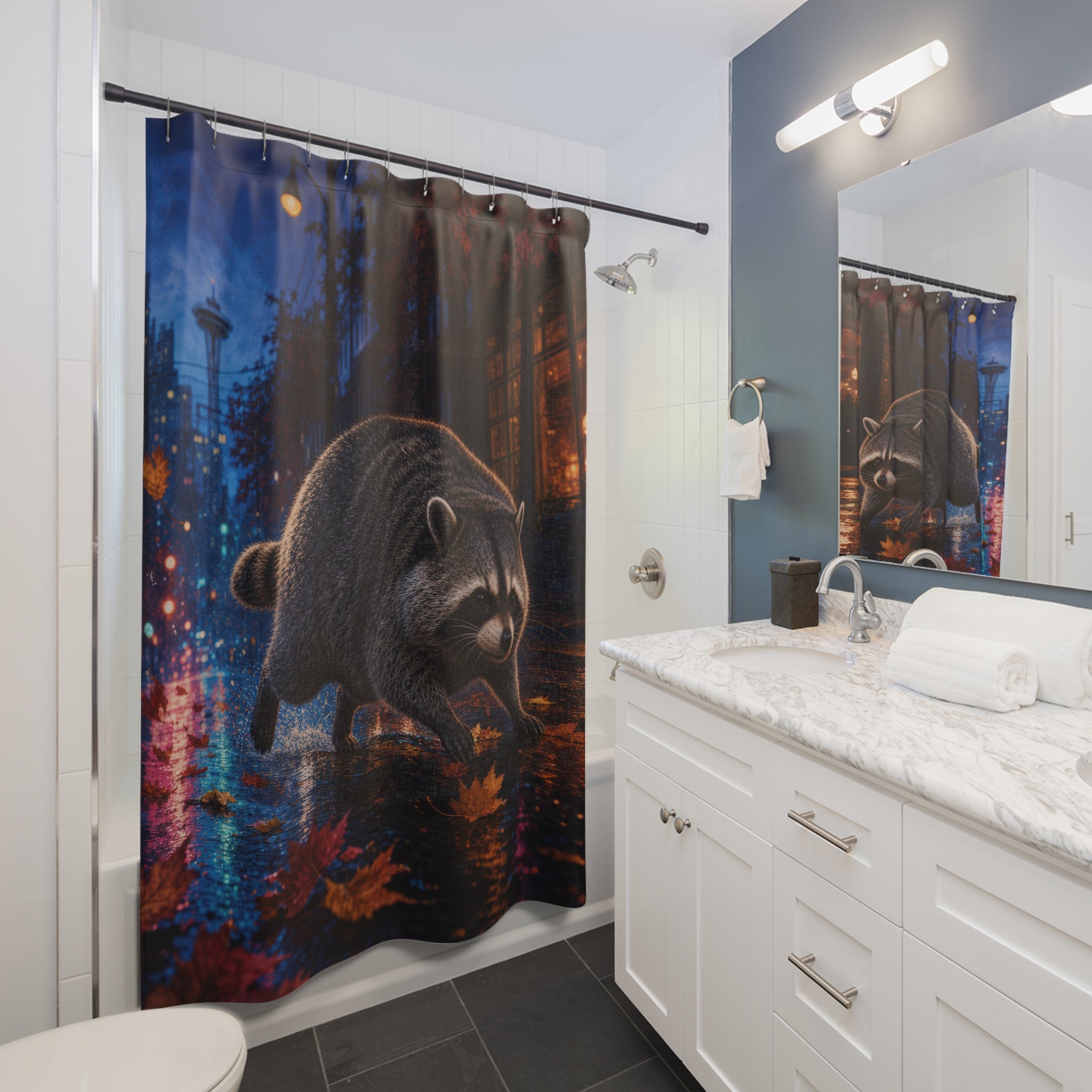 Jimothy Raccoon Rainy Seattle Shower Curtain