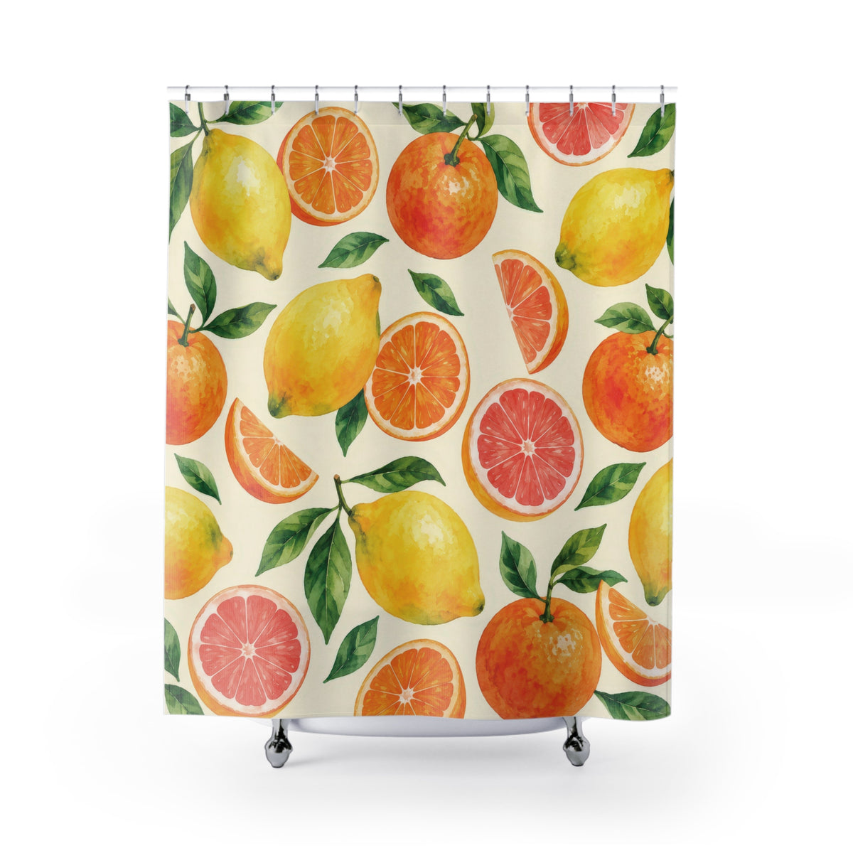 Yellow lemons, oranges and pink citrus slices with green leaves shower curtain with full front view