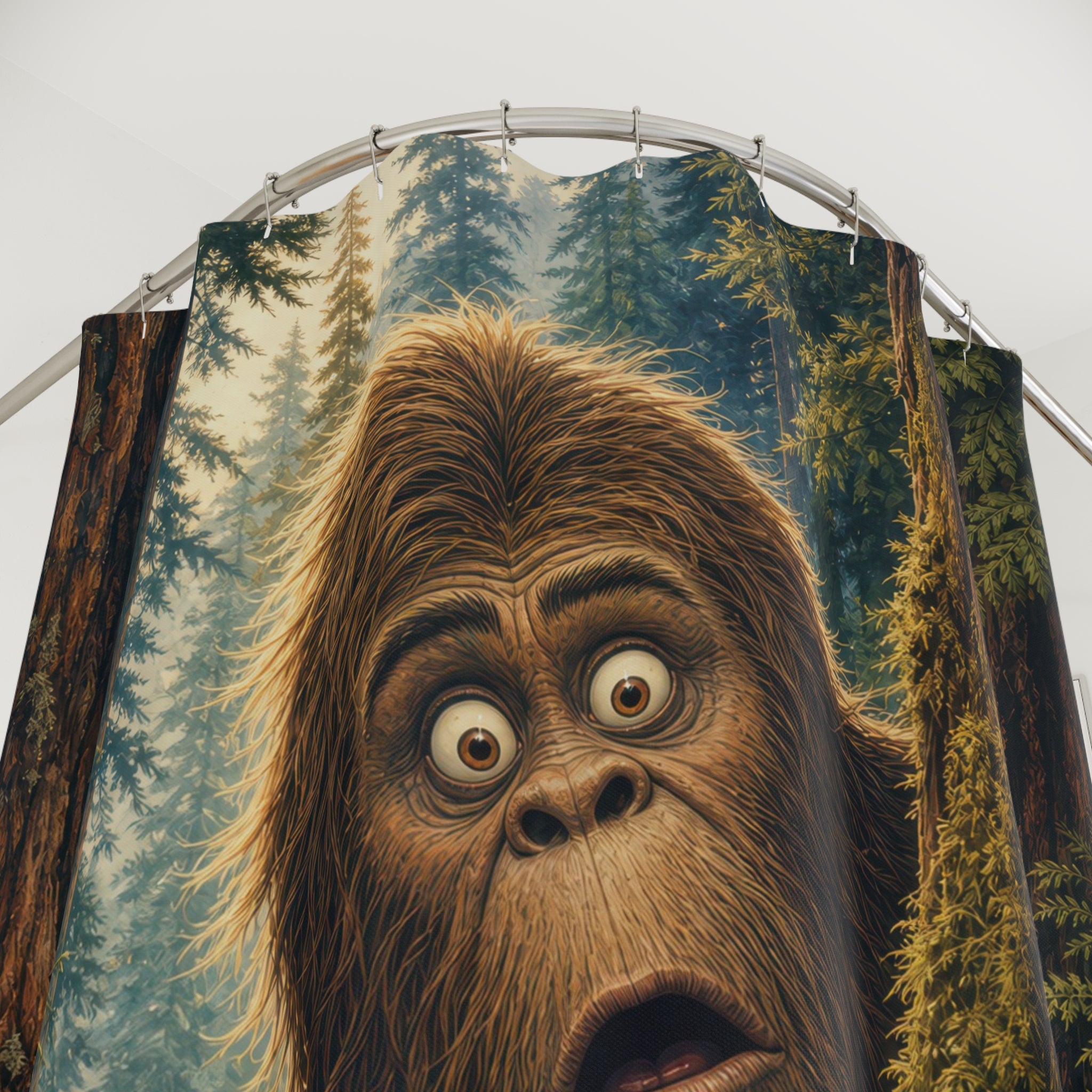 Unique Funny Bigfoot Shower Curtain, Forest Cryptid Creature Art, Redwood Bathroom Humor, Cabin Powder Room Guest Bath Decor Gift For Home