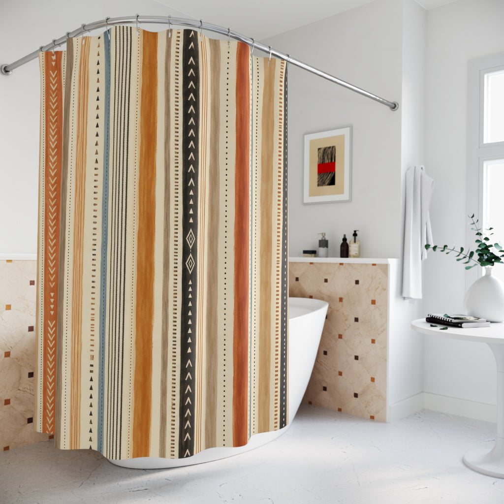 Terracotta Blue Triangle Diamond Stripe Shower Curtain