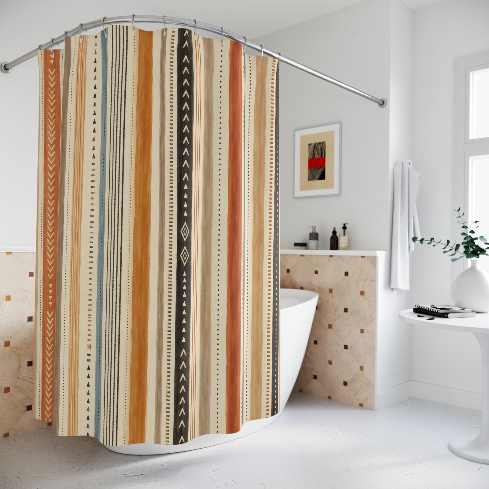 Terracotta Blue Triangle Diamond Stripe Shower Curtain
