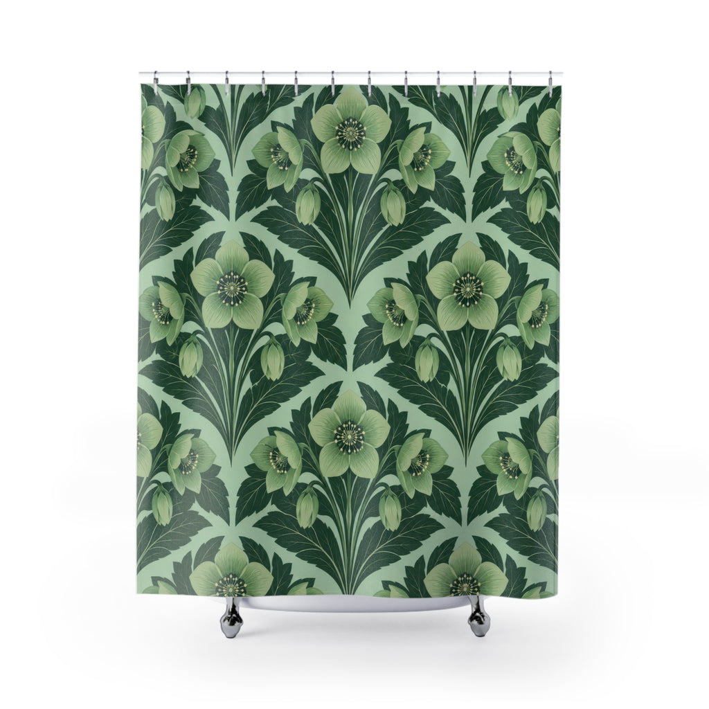 Celadon hellebores and forest-green leaves on mint shower curtain with full front view