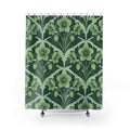 Celadon hellebores and forest-green leaves on mint shower curtain with full front view