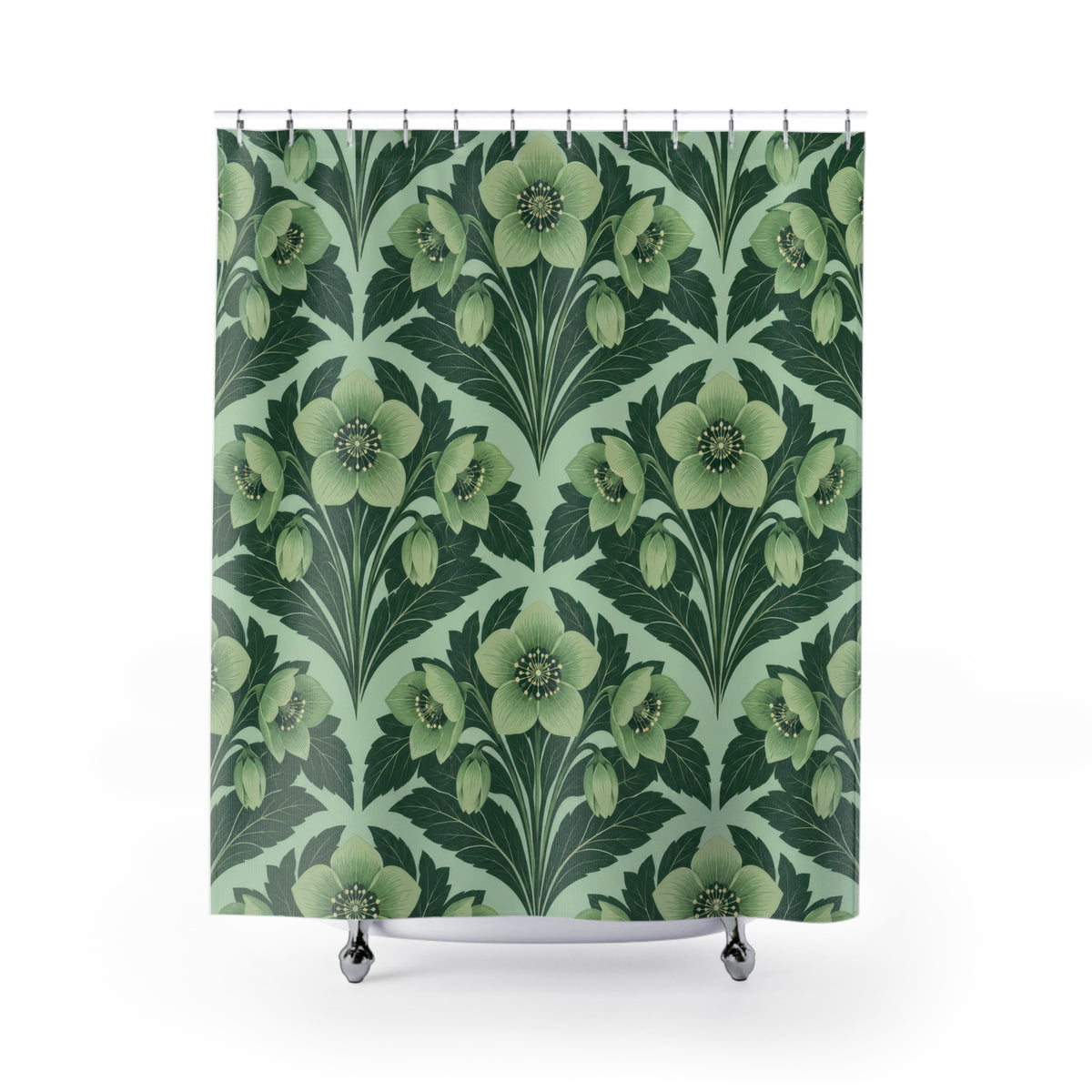 Celadon hellebores and forest-green leaves on mint shower curtain with full front view