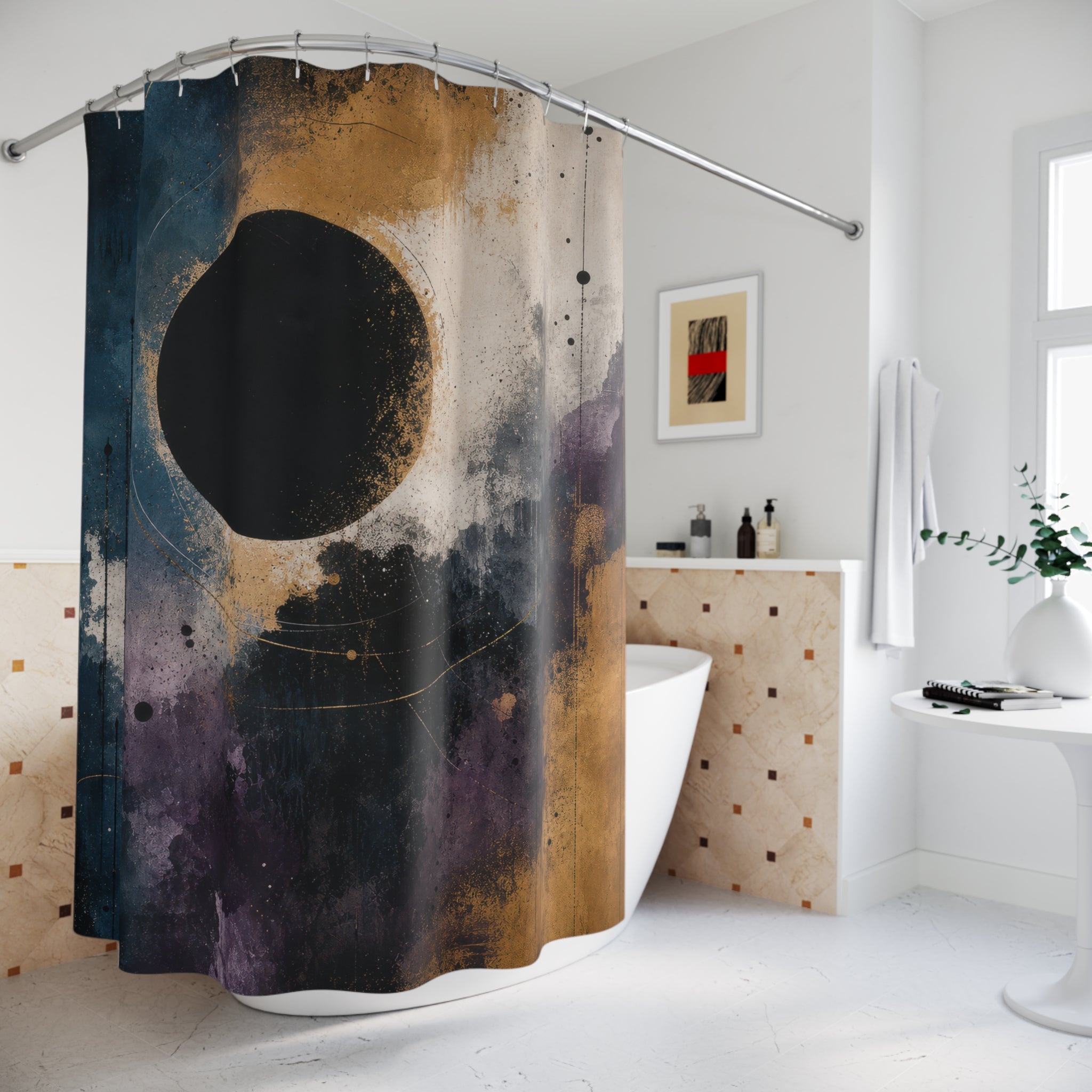 Abstract Shower Curtain, Black Eclipse Art, Grey Purple Gold Bathroom Decor, Celestial Modern Art, Moody Minimalist Bath, Dark Guest Bath