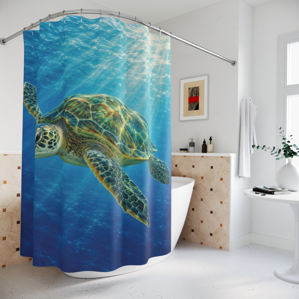 Jade sea turtle and blue underwater sunbeams shower curtain beside a freestanding tub