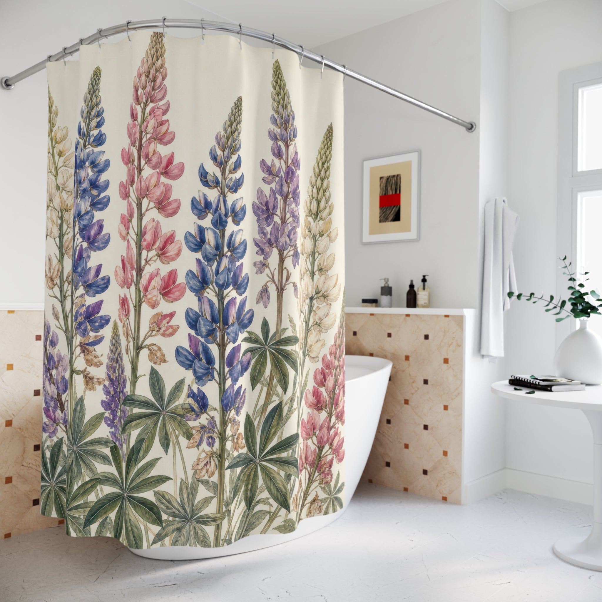 Tall Blue Pink Purple Wildflower Botanical Shower Curtain