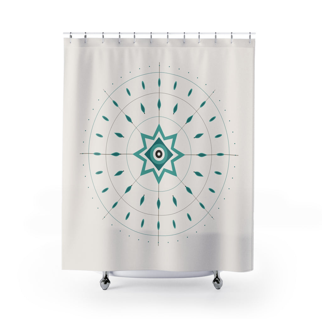 Teal Mandala Shower Curtain – Compass Star on Cream