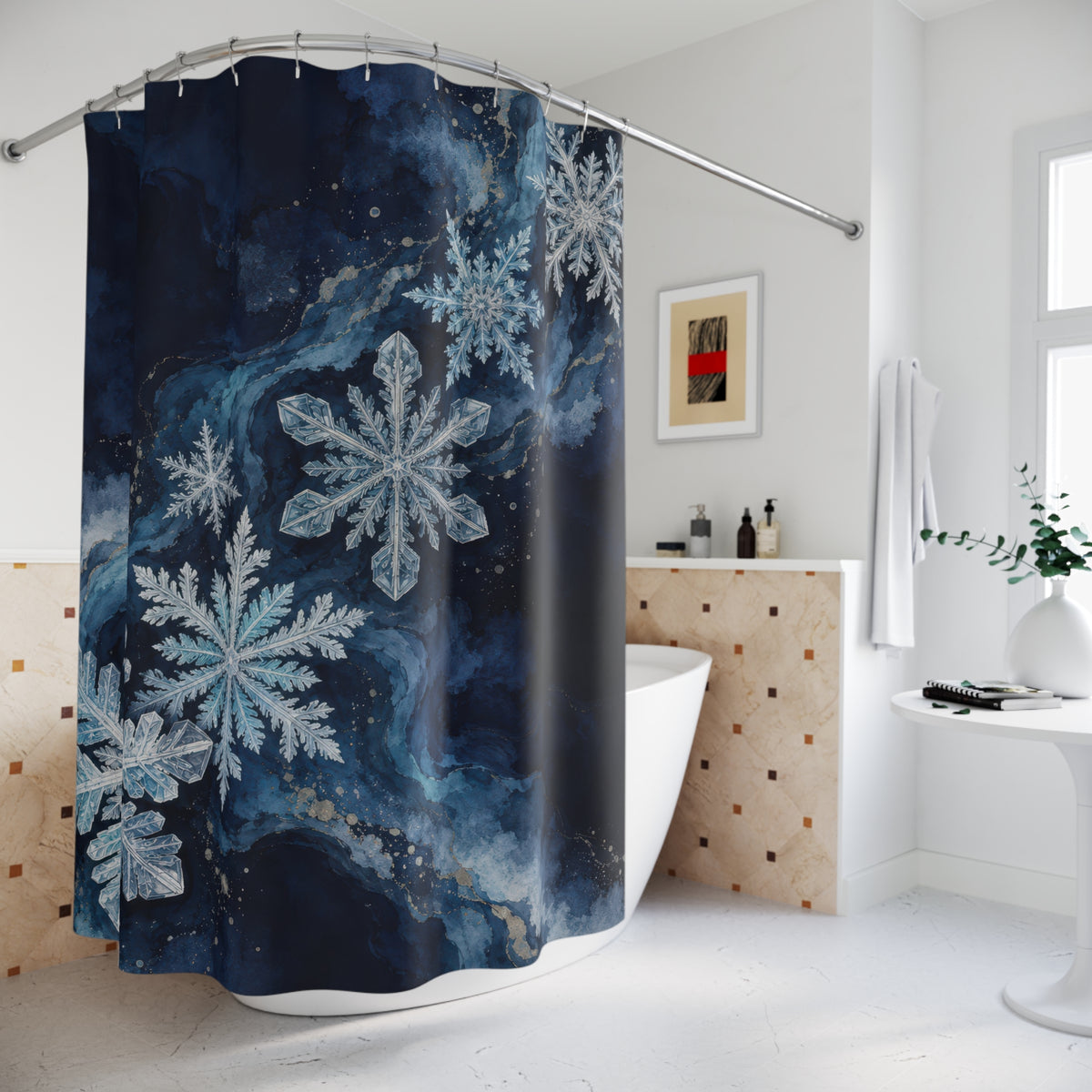 Midnight blue snowflake cascade shower curtain beside a freestanding tub