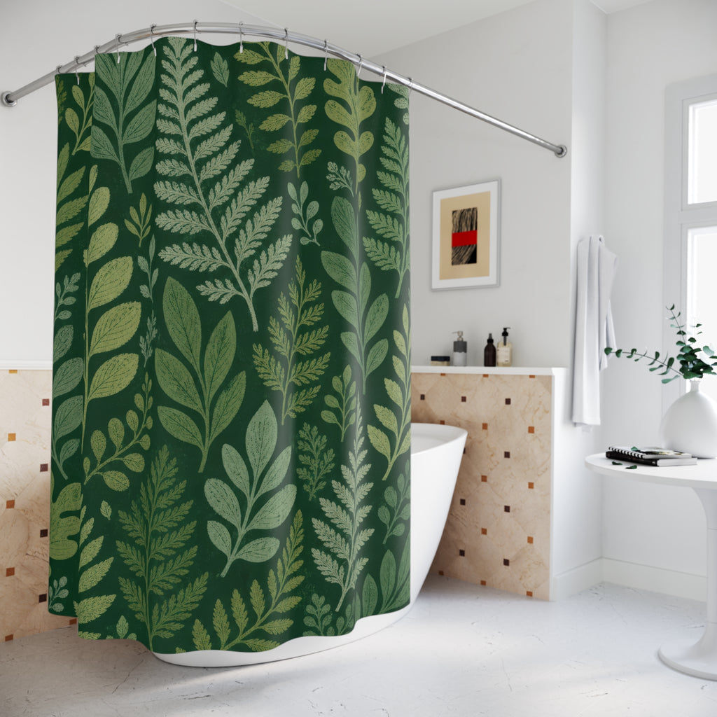 Green Boho Shower Curtain, Botanical Leaf Bath Decor, Fern Pattern, Sage Forest Guest Bathroom Decor, Natural Bohemian Style