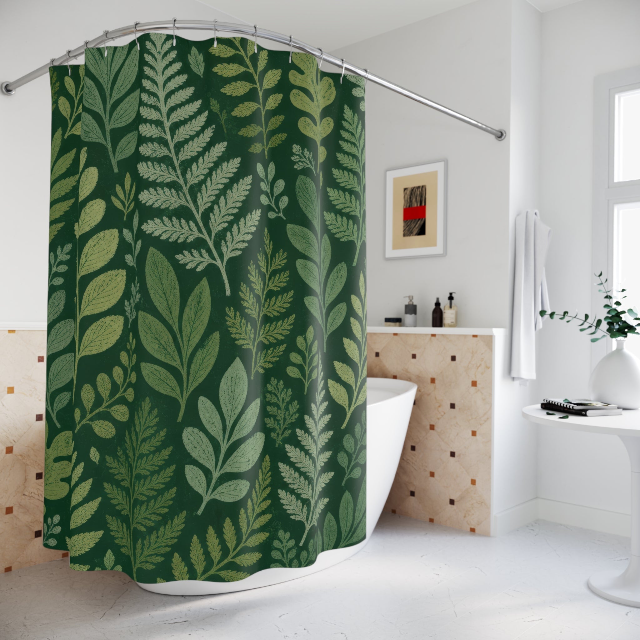 Green Boho Shower Curtain, Botanical Leaf Bath Decor, Fern Pattern, Sage Forest Guest Bathroom Decor, Natural Bohemian Style