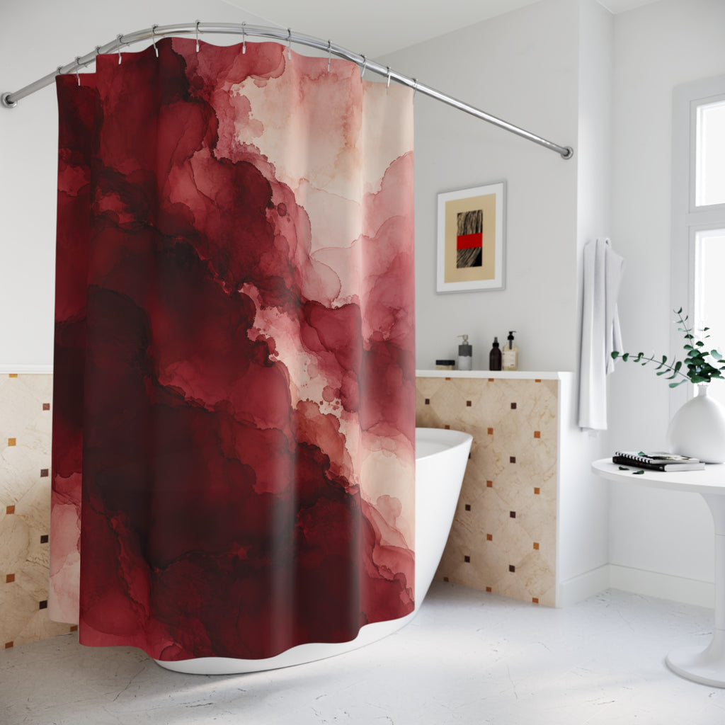 Maroon ink pools flowing into dusty rose and cream shower curtain beside a freestanding tub