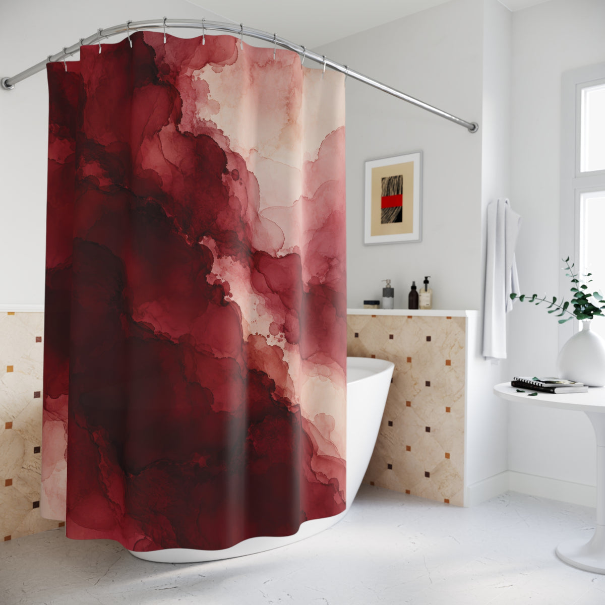 Maroon ink pools flowing into dusty rose and cream shower curtain beside a freestanding tub