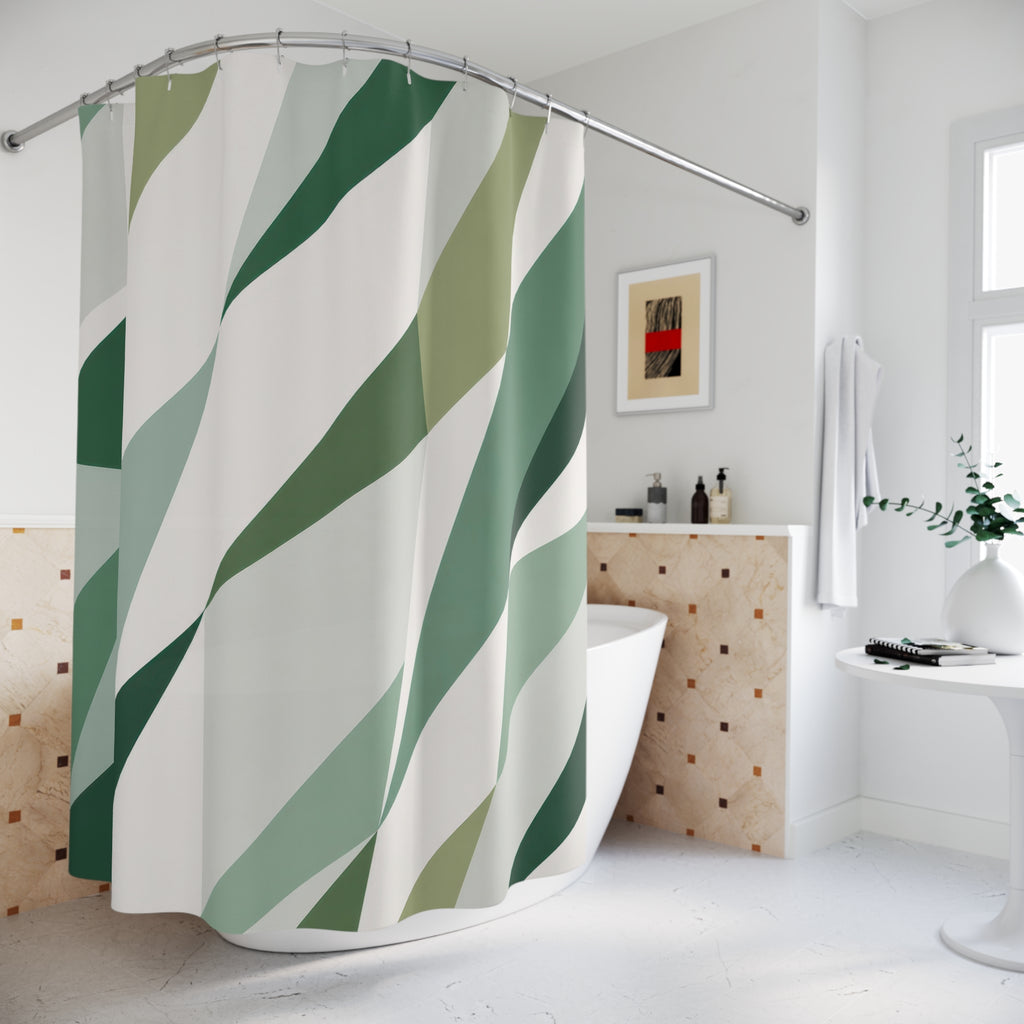 Green Stripe Shower Curtain, White Geometric Bath Decor, Diagonal Sage Pattern, Modern Guest Bathroom Decor, Angled Green Style Decor