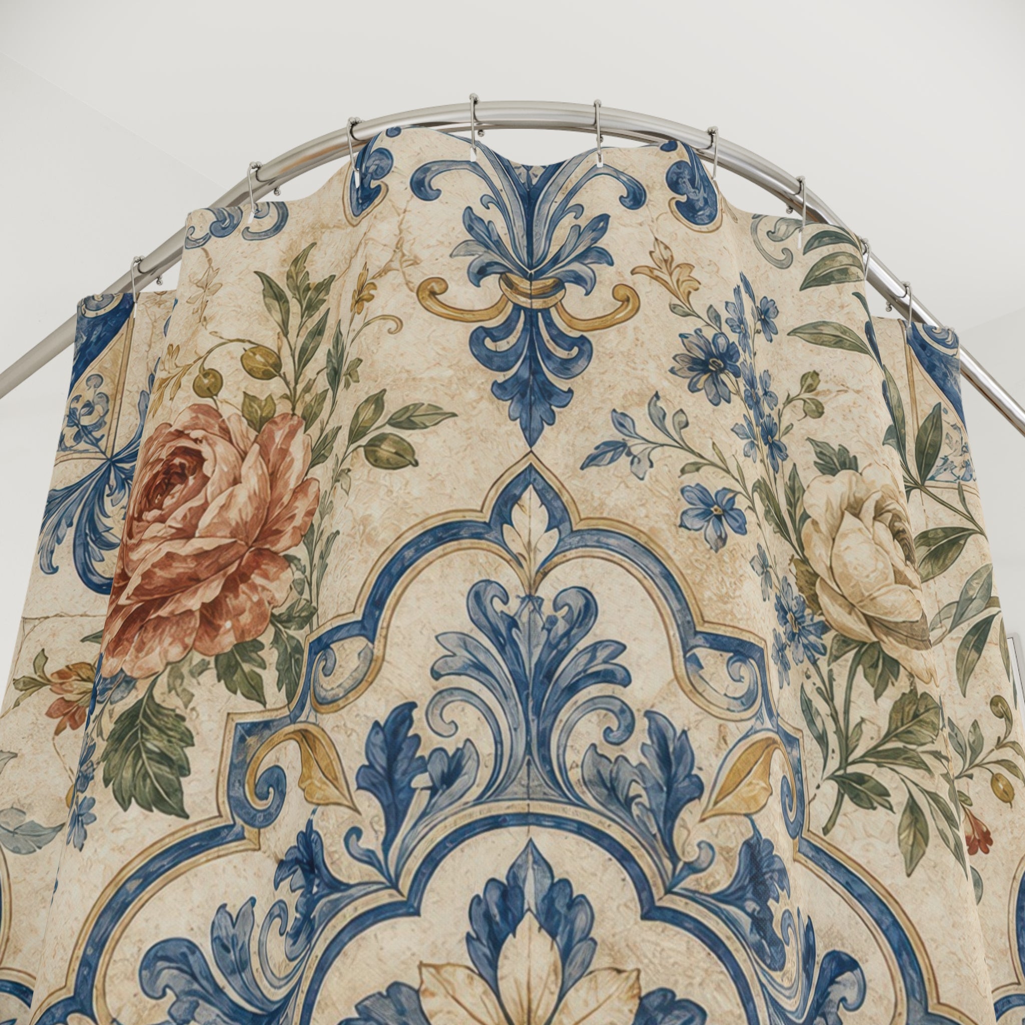 European Shower Curtain: Blue Cream Floral Tile Pattern