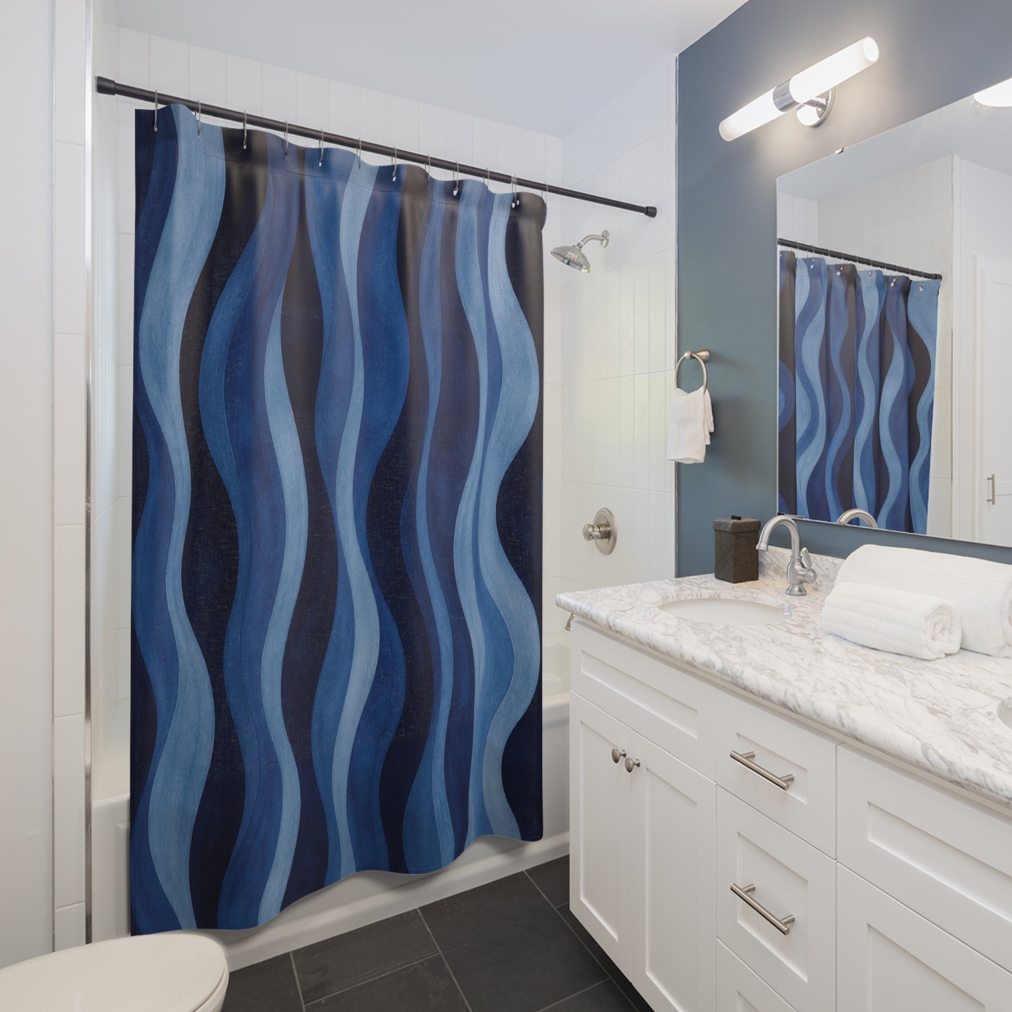 Navy Cobalt Ripple Stripe Shower Curtain