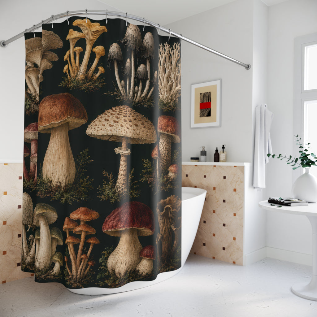 Vintage mushroom specimens on deep green shower curtain beside a freestanding tub