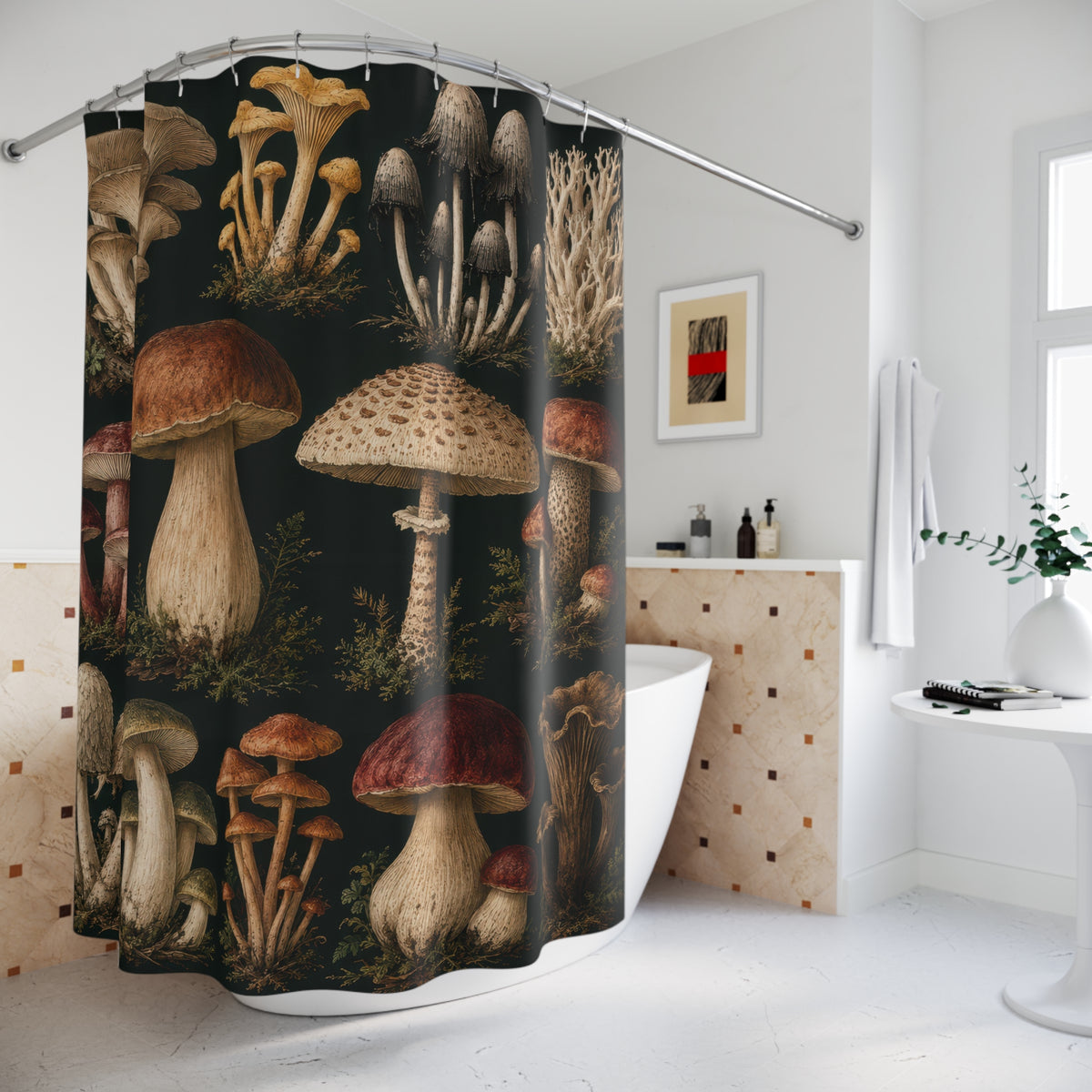 Vintage mushroom specimens on deep green shower curtain beside a freestanding tub