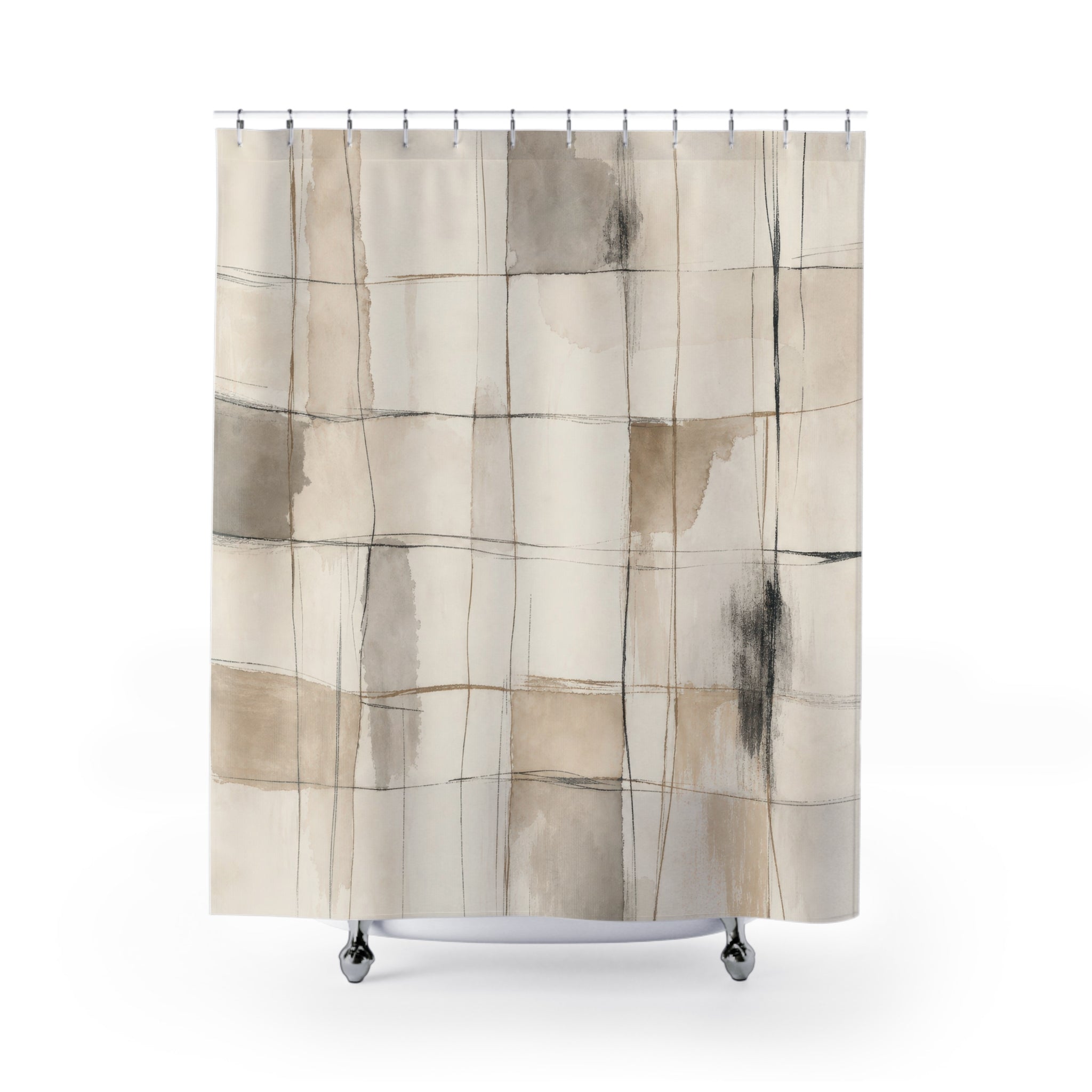 Neutral Abstract Grid Line Shower Curtain
