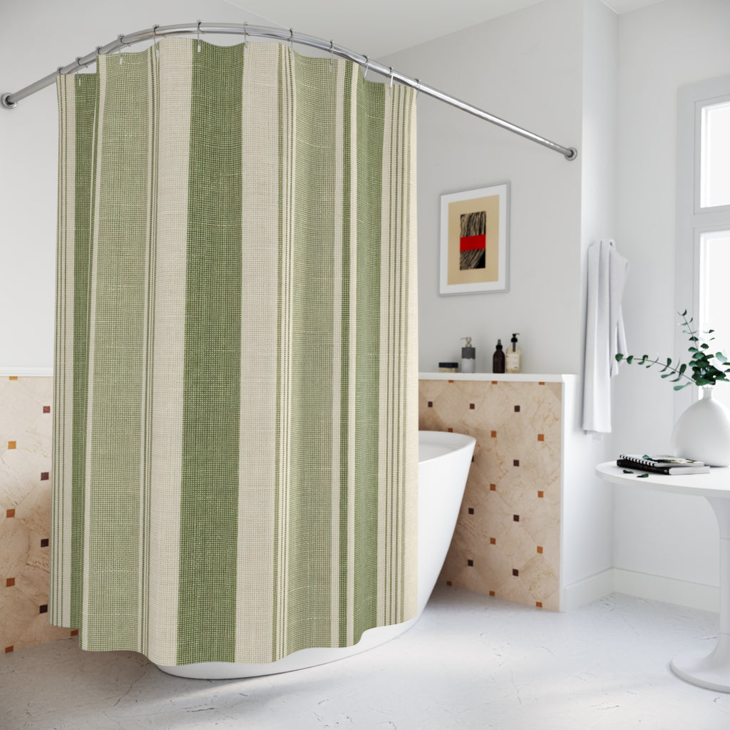 Sage Olive Cream Vertical Stripe Shower Curtain