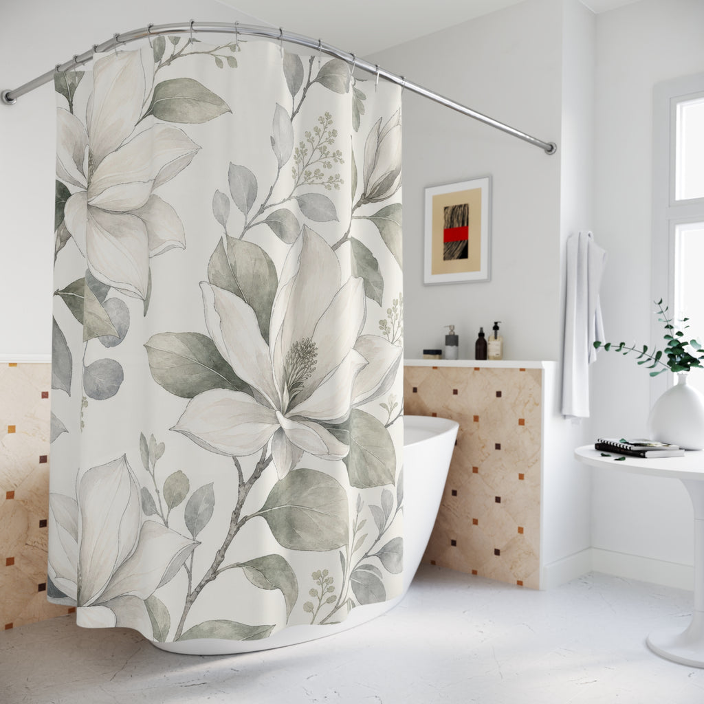 White Magnolia Shower Curtain, White Sage Botanical Bathroom Decor, Magnolia Floral Bath Curtain, Guest Bath Decor, Small Bathroom Decor