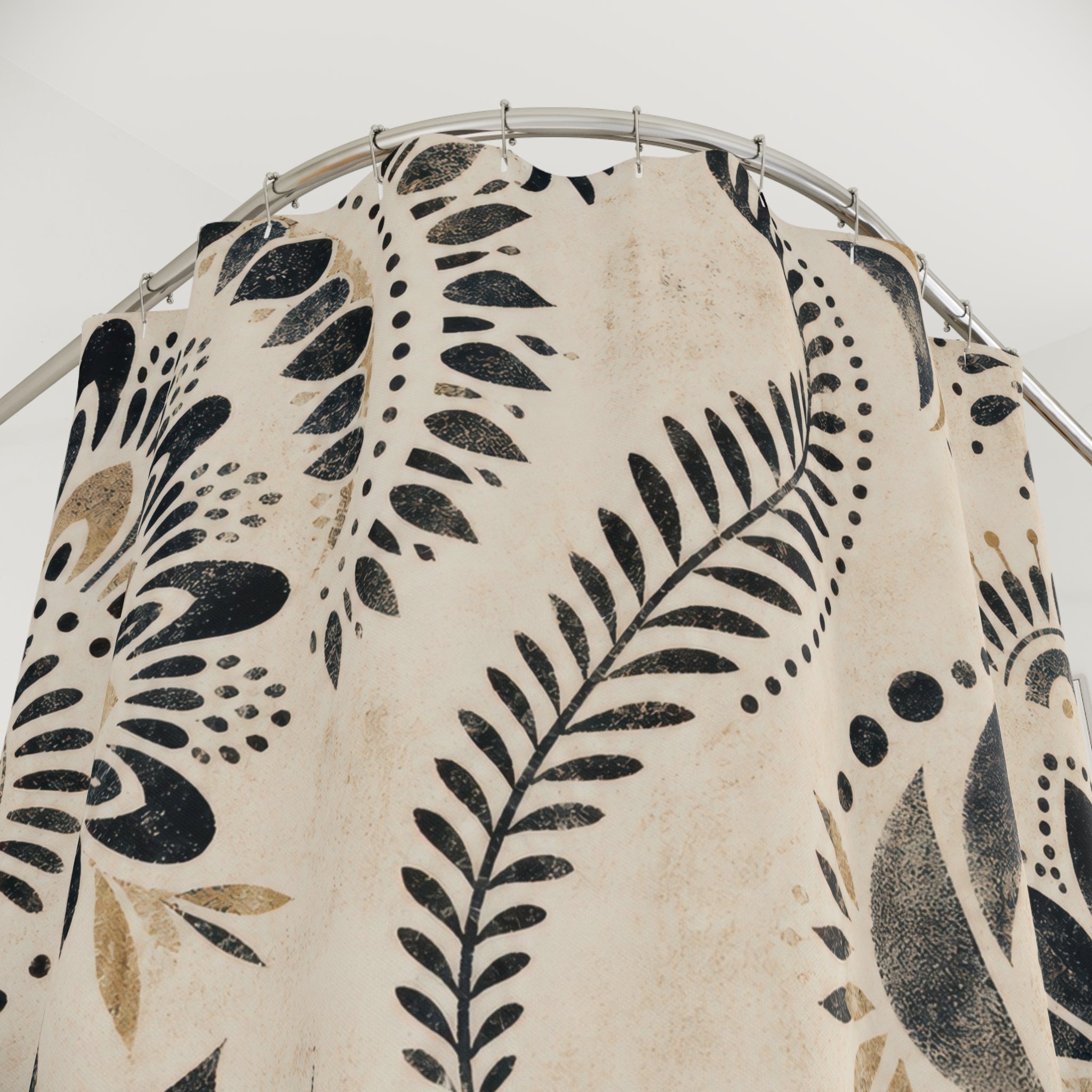 Black White Boho Mandala Floral Botanical Flower Shower Curtain