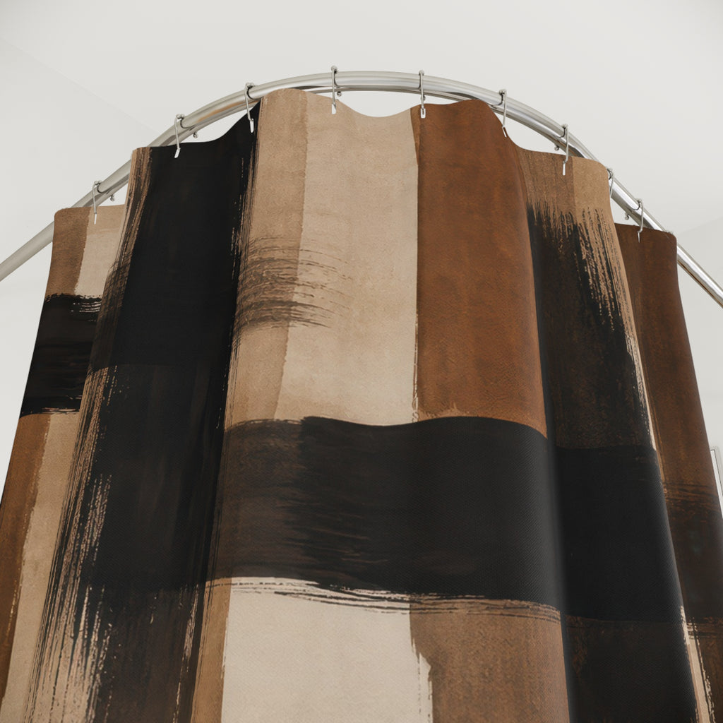 Black Brown Shower Curtain, Painterly Abstract Bath Decor, Cream Tan Brush Plaid Pattern, Modern Warm Neutral Guest Bathroom Decor Style
