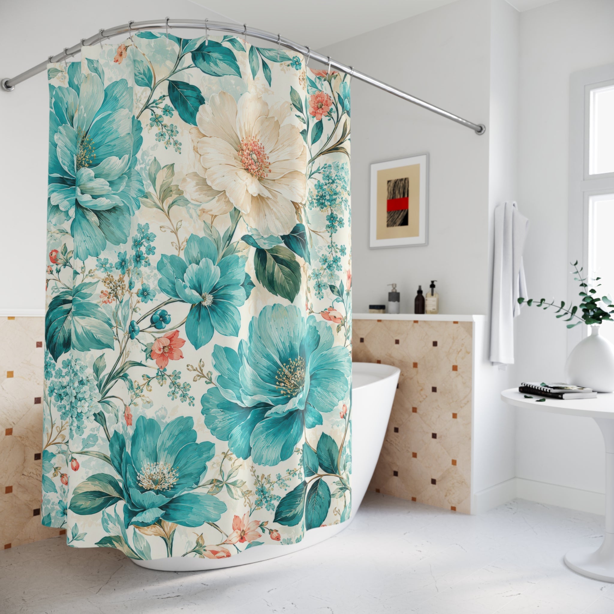Turquoise Floral Shower Curtain: Teal Blue Botanical