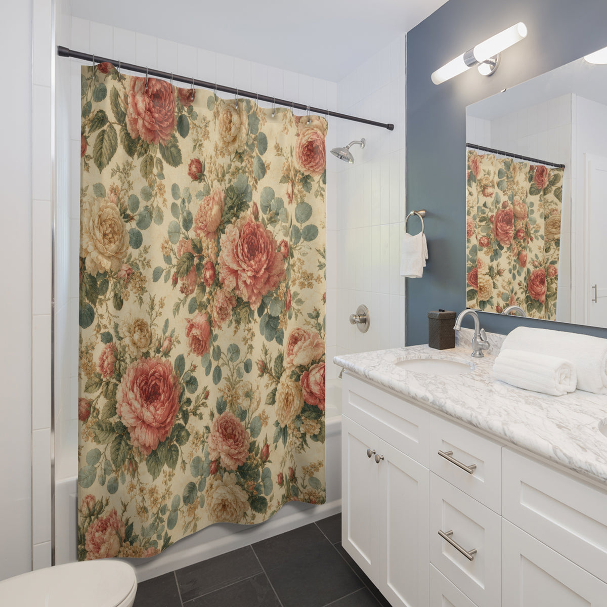 Vintage Floral Bouquet rose pattern shower curtain beside a white vanity